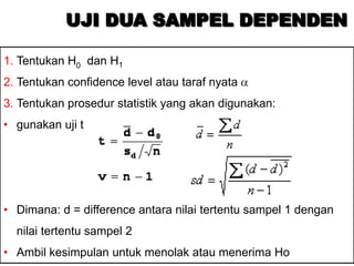 UJI DUA SAMPEL DEPENDEN

1. Tentukan H0 dan H1
2. Tentukan confidence level atau taraf nyata
3. Tentukan prosedur statistik yang akan digunakan:
• gunakan uji t




• Dimana: d = difference antara nilai tertentu sampel 1 dengan
  nilai tertentu sampel 2
• Ambil kesimpulan untuk menolak atau menerima Ho
 
