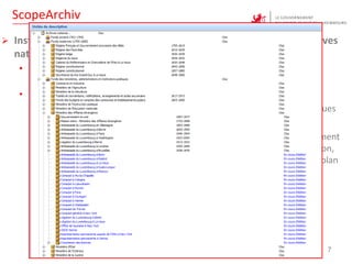 ScopeArchiv
 Instrument de travail principal de tous les collaborateurs des Archives
nationales
• Base de données interne...