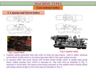 MACHINE TYPES
Conventional lathes
3. Capstan and Turret lathes
 Capstan lathes generally deal with short or long rod type blanks held in collet, whereas
turret lathes mostly work on chucking type jobs held in the quick acting chucks
 In capstan lathe, the turret travels with limited stroke length within a saddle type guide
block, called auxiliary bed, which is clamped on the main bed as indicated in Fig. 2,
whereas in turret lathe, the heavy turret being mounted on the saddle which directly slides
with larger stroke length on the main bed as indicated in Fig. 2.
Fig.1 turret lathe. Fig.2 capstan lathe
 