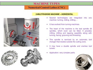 MACHINE TYPES
Numerical Control Lathes (CNC)
• Several technologies are integrated into one
machine: turning, milling, drilling,…
• It has evolved from turning machines.
• The heart of the machine is the tool spindle (B
spindle), which even can be tilted. It provides
milling, drilling and tapping capability along with
turning, facing, grooving and threading.
• This spindle is serviced by an automatic tool
changer that resides outside the cutting zone.
• It may have a double spindle and one/two tool
turrets.
• Application: very complex parts.
5.MULTITASKING MACHINE – HORIZONTAL
 