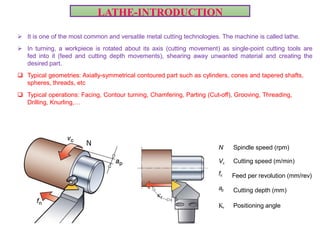  It is one of the most common and versatile metal cutting technologies. The machine is called lathe.
 In turning, a workpiece is rotated about its axis (cutting movement) as single-point cutting tools are
fed into it (feed and cutting depth movements), shearing away unwanted material and creating the
desired part.
 Typical geometries: Axially-symmetrical contoured part such as cylinders, cones and tapered shafts,
spheres, threads, etc
 Typical operations: Facing, Contour turning, Chamfering, Parting (Cut-off), Grooving, Threading,
Drilling, Knurling,…
LATHE-INTRODUCTION
N
N Spindle speed (rpm)
Vc Cutting speed (m/min)
fn
ap
Feed per revolution (mm/rev)
Cutting depth (mm)
r Positioning angle
VIDEO
 