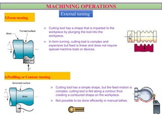 MACHINING OPERATIONS
 Cutting tool has a shape that is imparted to the
workpiece by plunging the tool into the
workpiece.
 In form turning, cutting tool is complex and
expensive but feed is linear and does not require
special machine tools or devices.
 Cutting tool has a simple shape, but the feed motion is
complex; cutting tool is fed along a contour thus
creating a contoured shape on the workpiece.
 Not possible to be done efficiently in manual lathes.
5.Form turning
6.Profiling or Contour turning
VIDEO VIDEO
External turning
 