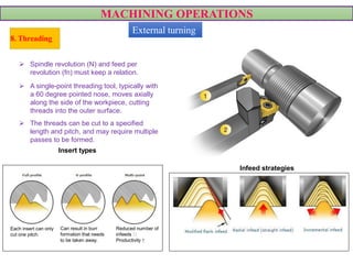MACHINING OPERATIONS
 Spindle revolution (N) and feed per
revolution (fn) must keep a relation.
 A single-point threading tool, typically with
a 60 degree pointed nose, moves axially
along the side of the workpiece, cutting
threads into the outer surface.
 The threads can be cut to a specified
length and pitch, and may require multiple
passes to be formed.
Insert types
Infeed strategies
8. Threading
Each insert can only
cut one pitch.
Can result in burr
formation that needs
to be taken away.
Reduced number of
infeeds
Productivity ↑
VIDEOVIDEOVIDEO
VIDEOVIDEO
External turning
 