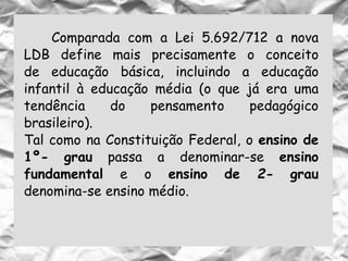 Comparada com a Lei 5.692/712 a nova
LDB define mais precisamente o conceito
de educação básica, incluindo a educação
infantil à educação média (o que já era uma
tendência do pensamento pedagógico
brasileiro).
Tal como na Constituição Federal, o ensino de
1º- grau passa a denominar-se ensino
fundamental e o ensino de 2- grau
denomina-se ensino médio.
 