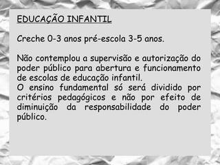 EDUCAÇÃO INFANTIL
Creche 0-3 anos pré-escola 3-5 anos.
Não contemplou a supervisão e autorização do
poder público para abertura e funcionamento
de escolas de educação infantil.
O ensino fundamental só será dividido por
critérios pedagógicos e não por efeito de
diminuição da responsabilidade do poder
público.
 