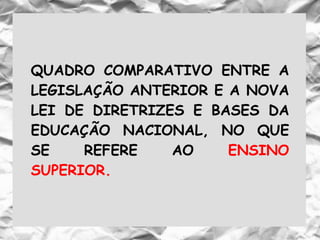 QUADRO COMPARATIVO ENTRE A
LEGISLAÇÃO ANTERIOR E A NOVA
LEI DE DIRETRIZES E BASES DA
EDUCAÇÃO NACIONAL, NO QUE
SE REFERE AO ENSINO
SUPERIOR.
 