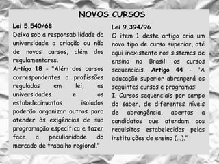 NOVOS CURSOS
Lei 5.540/68
Deixa sob a responsabilidade da
universidade a criação ou não
de novos cursos, além dos
regulamentares.
Artigo 18 - "Além dos cursos
correspondentes a profissões
reguladas em lei, as
universidades e os
estabelecimentos isolados
poderão organizar outros para
atender às exigências de sua
programação específica e fazer
face a peculiaridade do
mercado de trabalho regional."
Lei 9.394/96
O item 1 deste artigo cria um
novo tipo de curso superior, até
aqui inexistente nos sistemas de
ensino no Brasil: os cursos
sequenciais. Artigo 44 - "A
educação superior abrangerá os
seguintes cursos e programas:
I. Cursos sequenciais por campo
do saber, de diferentes níveis
de abrangência, abertos a
candidatos que atendam aos
requisitos estabelecidos pelas
instituições de ensino (...)."
 