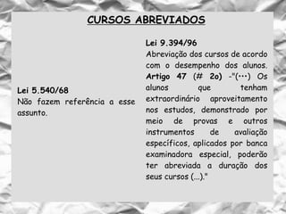 CURSOS ABREVIADOS
Lei 5.540/68
Não fazem referência a esse
assunto.
Lei 9.394/96
Abreviação dos cursos de acordo
com o desempenho dos alunos.
Artigo 47 (# 2o) -"(•••) Os
alunos que tenham
extraordinário aproveitamento
nos estudos, demonstrado por
meio de provas e outros
instrumentos de avaliação
específicos, aplicados por banca
examinadora especial, poderão
ter abreviada a duração dos
seus cursos (...)."
 