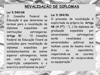REVALIDAÇÃO DE DIPLOMAS
Lei 5.540/68
O Conselho Federal de
Educação é que determina as
normas para a revalidação de
diplomas expedidos em
instituições estrangeiras.
Artigo 51 - "O Conselho
Federal de Educação fixará as
condições para revalidação de
diplomas expedidos por
estabelecimentos de ensino
superior estrangeiros, tendo
em vista o registro na
repartição competente e o
exercício profissional no país."
Lei 9.394/96
O processo de revalidação é
explicitado na própria lei. Artigo
48 (# 2º) - "(...) Os diplomas de
graduação expedidos por
universidades estrangeiras
serão revalidados por
universidades públicas que
tenham curso do mesmo nível e
área ou equivalente,
respeitando-se os acordos
internacionais de reciprocidade
ou equiparação."
 