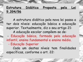 Estrutura Didática Proposta pela Lei
9.394/96
A estrutura didática pela nova lei passa a
ter dois níveis: educação básica e educação
superior. Textualmente, diz o seu artigo 21:
A educação escolar compõem-se de:
- Educação básica, formada pela educação
infantil, ensino fundamental e ensino médio.
- Educação Superior
Cada um destes níveis tem finalidades
específicas, conforme o art. 22:
 
