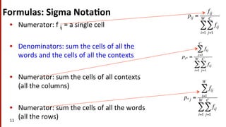 Formulas:	
  Sigma	
  Nota$on	
  
11	
  
pij =
fij
fij
j=1
C
∑
i=1
W
∑
pi* =
fij
j=1
C
∑
fij
j=1
C
∑
i=1
W
∑
p* j =
fij
i=1
W
∑
fij
j=1
C
∑
i=1
W
∑
•  Numerator:	
  f	
  ij	
  =	
  a	
  single	
  cell	
  	
  
•  Denominators:	
  sum	
  the	
  cells	
  of	
  all	
  the	
  
words	
  and	
  the	
  cells	
  of	
  all	
  the	
  contexts	
  
•  Numerator:	
  sum	
  the	
  cells	
  of	
  all	
  contexts	
  
(all	
  the	
  columns)	
  
•  Numerator:	
  sum	
  the	
  cells	
  of	
  all	
  the	
  words	
  
(all	
  the	
  rows)	
  	
  
 
