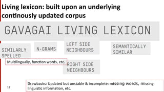 Living	
  lexicon:	
  built	
  upon	
  an	
  underlying	
  
con$nously	
  updated	
  corpus	
  	
  
12	
  
Drawbacks:	
  Updated	
  but	
  unstable	
  &	
  incomplete:	
  missing words, missing	
  
linguis(c	
  informa(on,	
  etc.	
  	
  
Mul(lingualiy,	
  func(on	
  words,	
  etc.	
  	
  
 