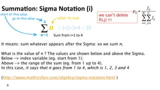 Summa$on:	
  Sigma	
  Nota$on	
  (i)	
  
8	
  
It means: sum whatever appears after the Sigma: so we sum n.
What is the value of n ? The values are shown below and above the Sigma.
Below --> index variable (eg. start from 1);
Above --> the range of the sum (eg. from 1 up to 4).
In this case, it says that n goes from 1 to 4, which is 1, 2, 3 and 4
(http://www.mathsisfun.com/algebra/sigma-notation.html )
	
  
pij =
fij
fij
j=1
C
∑
i=1
W
∑we can’t delete
f(i,j) !!!	
  
Sum	
  from	
  i=1	
  to	
  4	
  
 