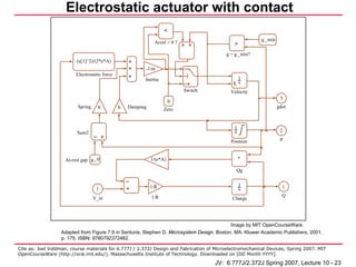 Electrostatic actuator with contact
                                                                   <
                                                                                                         g_min
                                                              Accel > 0 ?                     >
                                                                            + +
                                                                                          g > g_min?
                         (u[1]^2)/(2*e*A)          +
                                                   +     -1/m
                         Electrostatic force       +     Inertia                                  1
                                                                                                  s
                                                                            Switch          Velocity
                                                                                                                  3
                                                                       0
                          Spring       k       b   Damping                                                       gdot
                                                                   Zero


                                                                                              1
                         Sum2                                                                 s                   2
                                   _
                                        +                                                                         g
                                                                                            Position


                    At-rest gap g _ 0                        1/(e*A)                              *

                                                                                               Qg
                                                   _
                                                             1/R                                  1                1
                                    1              +                                              s
                                                             1/R                                                   Q
                                   V_in                                                      Charge




                                                                                            Image by MIT OpenCourseWare.
                  Adapted from Figure 7.9 in Senturia, Stephen D. Microsystem Design. Boston, MA: Kluwer Academic Publishers, 2001,
                  p. 175. ISBN: 9780792372462.

Cite as: Joel Voldman, course materials for 6.777J / 2.372J Design and Fabrication of Microelectromechanical Devices, Spring 2007. MIT
OpenCourseWare (http://ocw.mit.edu/), Massachusetts Institute of Technology. Downloaded on [DD Month YYYY].

                                                                                     JV: 6.777J/2.372J Spring 2007, Lecture 10 - 23
 