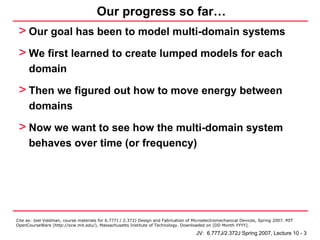 Our progress so far…
 > Our goal has been to model multi-domain systems
 > We first learned to create lumped models for each
      domain

 > Then we figured out how to move energy between
      domains

 > Now we want to see how the multi-domain system
      behaves over time (or frequency)




Cite as: Joel Voldman, course materials for 6.777J / 2.372J Design and Fabrication of Microelectromechanical Devices, Spring 2007. MIT
OpenCourseWare (http://ocw.mit.edu/), Massachusetts Institute of Technology. Downloaded on [DD Month YYYY].

                                                                                       JV: 6.777J/2.372J Spring 2007, Lecture 10 - 3
 