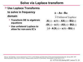 Solve via Laplace transform
 > Use Laplace Transforms
      to solve in frequency                                                                   x = Ax + Bu
      domain                                                                              ⇓ Unilateral Laplace
       • Transform DE to algebraic                                            sX ( s ) − x (0) = AX( s ) + BU( s )
            equations
                                                                             sIX ( s ) − x (0) = AX( s ) + BU( s )
         • Use unilateral Laplace to
            allow for non-zero IC’s                                            (sI − A )X( s) = x(0) + BU( s)




Cite as: Joel Voldman, course materials for 6.777J / 2.372J Design and Fabrication of Microelectromechanical Devices, Spring 2007. MIT
OpenCourseWare (http://ocw.mit.edu/), Massachusetts Institute of Technology. Downloaded on [DD Month YYYY].

                                                                                     JV: 6.777J/2.372J Spring 2007, Lecture 10 - 35
 