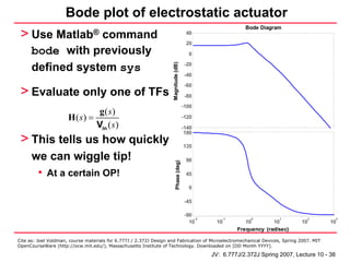 Bode plot of electrostatic actuator
                                                                                                              Bode Diagram
 > Use           Matlab®
                  command                                                                40
                                                                                         20
      bode with previously                                                                 0




                                                                     Magnitude (dB)
                                                                                         -20
      defined system sys
                                                                                         -40
                                                                                         -60
 > Evaluate only one of TFs                                                              -80
                                                                                        -100
                              g( s)
                      H(s) =                                                            -120
                             Vin ( s )                                                  -140
                                                                                         180
 > This tells us how quickly                                                            135

      we can wiggle tip!                                                                 90


                                                                          Phase (deg)
       • At a certain OP!                                                                45

                                                                                           0

                                                                                         -45

                                                                                         -90
                                                                                             -2       -1        0          1         2             3
                                                                                           10       10        10        10         10         10
                                                                                                           Frequency (rad/sec)

Cite as: Joel Voldman, course materials for 6.777J / 2.372J Design and Fabrication of Microelectromechanical Devices, Spring 2007. MIT
OpenCourseWare (http://ocw.mit.edu/), Massachusetts Institute of Technology. Downloaded on [DD Month YYYY].

                                                                                                  JV: 6.777J/2.372J Spring 2007, Lecture 10 - 38
 