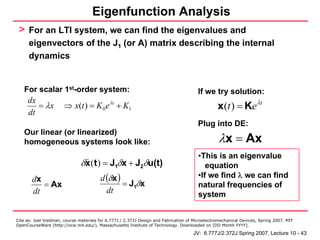 Eigenfunction Analysis
 > For an LTI system, we can find the eigenvalues and
      eigenvectors of the J1 (or A) matrix describing the internal
      dynamics


   For scalar 1st-order system:                                                         If we try solution:
     dx
        = λx           ⇒ x(t ) = K 0 e λt + K1                                                   x (t ) = Ke λt
     dt
                                                                                        Plug into DE:

                                                                                                  λx = Ax
   Our linear (or linearized)
   homogeneous systems look like:
                                                                                        •This is an eigenvalue
                               δx (t ) = J1δx + J2δu(t)                                    equation
       dx                               d (δx )                                         •If we find λ we can find
          = Ax                                  = J1δx                                  natural frequencies of
       dt                                 dt                                            system


Cite as: Joel Voldman, course materials for 6.777J / 2.372J Design and Fabrication of Microelectromechanical Devices, Spring 2007. MIT
OpenCourseWare (http://ocw.mit.edu/), Massachusetts Institute of Technology. Downloaded on [DD Month YYYY].

                                                                                     JV: 6.777J/2.372J Spring 2007, Lecture 10 - 43
 