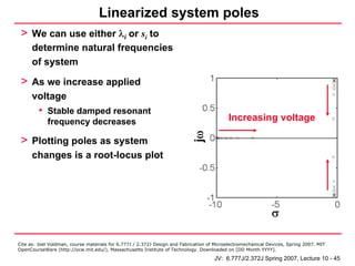 Linearized system poles
 > We can use either λi or si to
      determine natural frequencies
      of system

 > As we increase applied
      voltage
         • Stable damped resonant
            frequency decreases                                                            Increasing voltage




                                                                            jω
 > Plotting poles as system
      changes is a root-locus plot




                                                                                                              σ

Cite as: Joel Voldman, course materials for 6.777J / 2.372J Design and Fabrication of Microelectromechanical Devices, Spring 2007. MIT
OpenCourseWare (http://ocw.mit.edu/), Massachusetts Institute of Technology. Downloaded on [DD Month YYYY].

                                                                                     JV: 6.777J/2.372J Spring 2007, Lecture 10 - 45
 