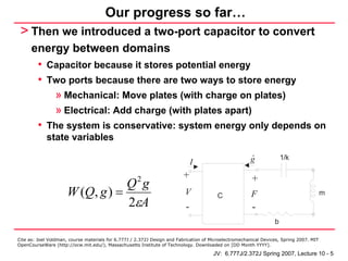 Our progress so far…
 > Then we introduced a two-port capacitor to convert
      energy between domains
       • Capacitor because it stores potential energy
       • Two ports because there are two ways to store energy
          » Mechanical: Move plates (with charge on plates)
          » Electrical: Add charge (with plates apart)
       • The system is conservative: system energy only depends on
            state variables
                                                                                                       .              1/k
                                                                              I                        g

                                                     2                   +                              +
                                  Q g
                      W (Q, g ) =                                         V                             F                                m
                                  2εA
                                                                                         C
                                                                          -                             -
                                                                                                                  b

Cite as: Joel Voldman, course materials for 6.777J / 2.372J Design and Fabrication of Microelectromechanical Devices, Spring 2007. MIT
OpenCourseWare (http://ocw.mit.edu/), Massachusetts Institute of Technology. Downloaded on [DD Month YYYY].

                                                                                       JV: 6.777J/2.372J Spring 2007, Lecture 10 - 5
 