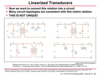 Linearized Transducers
 > Now we want to convert this relation into a circuit
 > Many circuit topologies are consistent with this matrix relation
 > THIS IS NOT UNIQUE!
        i           i'                   u'                            u               i                 1:Γ/κ2                   u
                          1:Γ
    +                +               +                                     +       +                                                  +
                                              -1/k'      1/k                                     ∗
                                                                                                Co




                                     {
                                                      1/k*
   υ               υ'             F'                                       F       υ                                                  F
        Co                                                                                                          1/k
   _                _                _                                     _       _                                                  _


             i                                                 u                   i                                                      u
                                                1:Γ
        +                                                          +           +                                                              +
                             Γ2/κ∗                                                               Co                         1
                                                                                                1_Γ                       k_Γ/C   o
        υ                                                          F           υ                              Co                              F
                     Co
        _                                                                                                     Γ
                                                                   _           _                                                              _



                                                                                                                   Image by MIT OpenCourseWare.
             Adapted from Figure 5 on p. 163 in Tilmans, Harrie A. C. "Equivalent Circuit Representations of Electromechanical
             Transducers: I. Lumped-parameter Systems." Journal of Micromechanics and Microengineering 6, no. 1 (1996): 157-176.

Cite as: Joel Voldman, course materials for 6.777J / 2.372J Design and Fabrication of Microelectromechanical Devices, Spring 2007. MIT
OpenCourseWare (http://ocw.mit.edu/), Massachusetts Institute of Technology. Downloaded on [DD Month YYYY].

                                                                                           JV: 6.777J/2.372J Spring 2007, Lecture 10 - 50
 