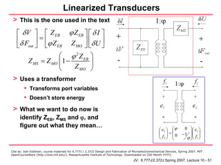 Linearized Transducers
 > This is the one used in the text
    ⎡ δ V ⎤ ⎡ Z EB ϕ Z EB ⎤ ⎡ δ I ⎤
    ⎢δ F ⎥ = ⎢ϕ Z   Z MO ⎥ ⎢δ U ⎥
    ⎣ out ⎦ ⎣ EB          ⎦⎣ ⎦
                           ⎛ ϕ 2 Z EB ⎞
           Z MS     = Z MO ⎜1 −       ⎟
                           ⎝    Z MO ⎠
 > Uses a transformer
         • Transforms port variables
         • Doesn’t store energy
 > What we want to do now is
      identify ZEB, ZMS and ϕ, and
      figure out what they mean…
                                                                                                       ⎛ e2 ⎞ ⎛ ϕ        0 ⎞⎛ e1 ⎞
                                                                                                       ⎜ ⎟=⎜
                                                                                                       ⎜ f ⎟ ⎜0
                                                                                                                            ⎟
                                                                                                                       − 1 ⎟⎜ f ⎟
                                                                                                                             ⎜ ⎟
                                                                                                       ⎝ 2⎠ ⎝             ϕ ⎠⎝ 1 ⎠

Cite as: Joel Voldman, course materials for 6.777J / 2.372J Design and Fabrication of Microelectromechanical Devices, Spring 2007. MIT
OpenCourseWare (http://ocw.mit.edu/), Massachusetts Institute of Technology. Downloaded on [DD Month YYYY].

                                                                                     JV: 6.777J/2.372J Spring 2007, Lecture 10 - 51
 