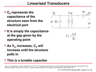 Linearized Transducers

> C0 represents the
   capacitance of the
   structure seen from the
   electrical port
> It is simply the capacitance
                                                                                                            εA
   at the gap given by the                                                                        C0 =
                                                                                                             ˆ
                                                                                                             g0
   operating point
> As Vin increases, C0 will
   increase until the structure
   pulls in
> This is a tunable capacitor
Cite as: Joel Voldman, course materials for 6.777J / 2.372J Design and Fabrication of Microelectromechanical Devices, Spring 2007. MIT
OpenCourseWare (http://ocw.mit.edu/), Massachusetts Institute of Technology. Downloaded on [DD Month YYYY].

                                                                                     JV: 6.777J/2.372J Spring 2007, Lecture 10 - 53
 