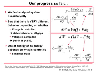Our progress so far…
                                                                                                     ∂W (Q, g )     Q2
> We first analyzed system                                                                        F=              =
                                                                                                        ∂g      Q
                                                                                                                    2εA
    quasistatically                                                                ∂W (Q, g )     Qg
                                                                           V=                   =
> Saw that there is VERY different                                                   ∂Q       g
                                                                                                  εA
    behavior depending on whether
       • Charge is controlled                                                             dW = VdQ + Fdg
            stable behavior at all gaps
       • Voltage is controlled                                                         dW * = QdV − Fdg
            pull-in at g=2/3g0

> Use of energy or co-energy                                                   ∂W *                   εA
    depends on what is controlled                                           Q=                    =        Vin
                                                                                ∂V            g
                                                                                                      g
       • Simplifies math
                                                                                                           ∂W *    εAVin 2
                                                                                                        F=       =
                                                                                                            ∂g V    2g 2

Cite as: Joel Voldman, course materials for 6.777J / 2.372J Design and Fabrication of Microelectromechanical Devices, Spring 2007. MIT
OpenCourseWare (http://ocw.mit.edu/), Massachusetts Institute of Technology. Downloaded on [DD Month YYYY].

                                                                                       JV: 6.777J/2.372J Spring 2007, Lecture 10 - 6
 