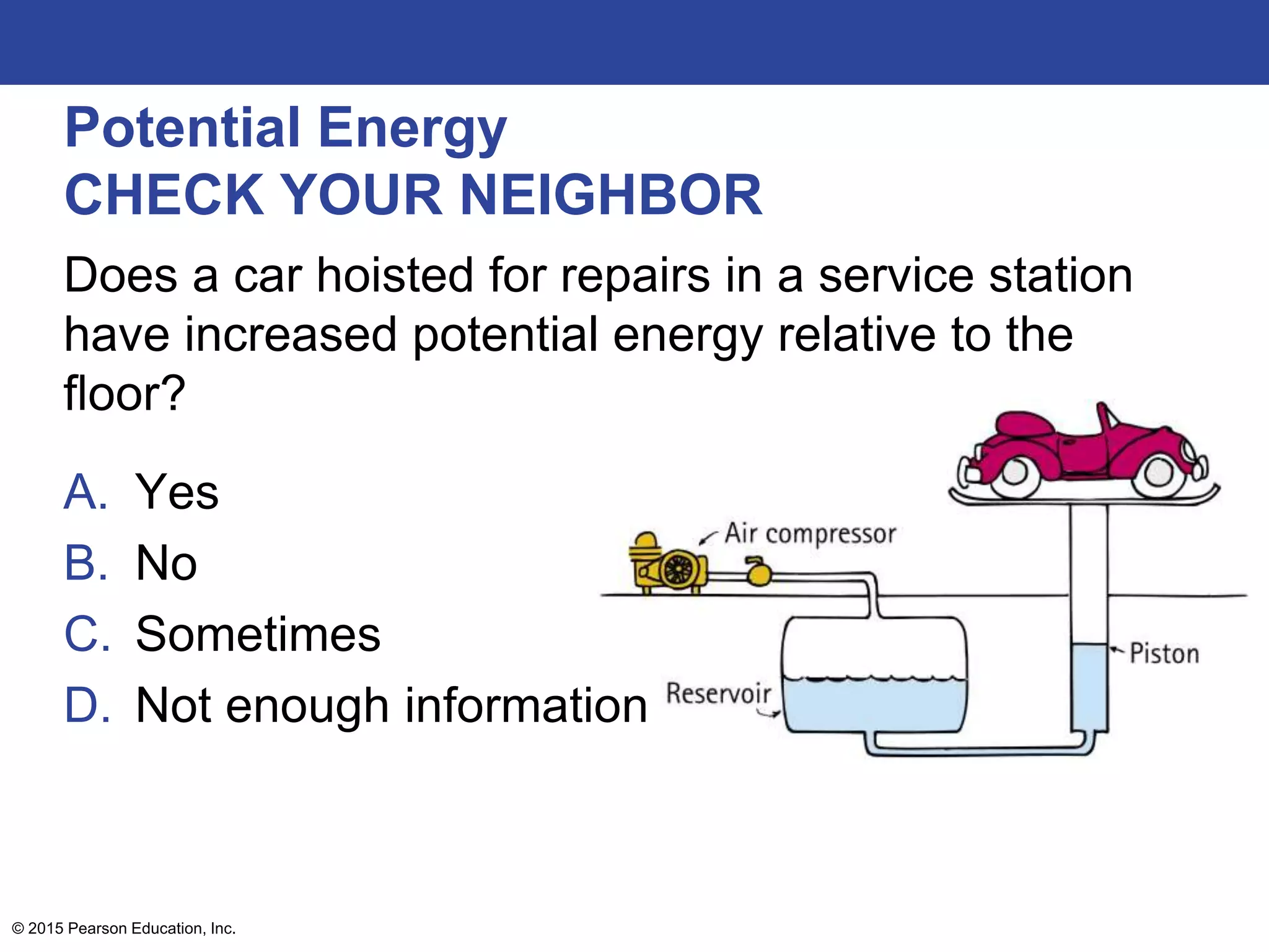 Potential Energy
CHECK YOUR NEIGHBOR
Does a car hoisted for repairs in a service station
have increased potential energy relative to the
floor?
A. Yes
B. No
C. Sometimes
D. Not enough information
© 2015 Pearson Education, Inc.
 