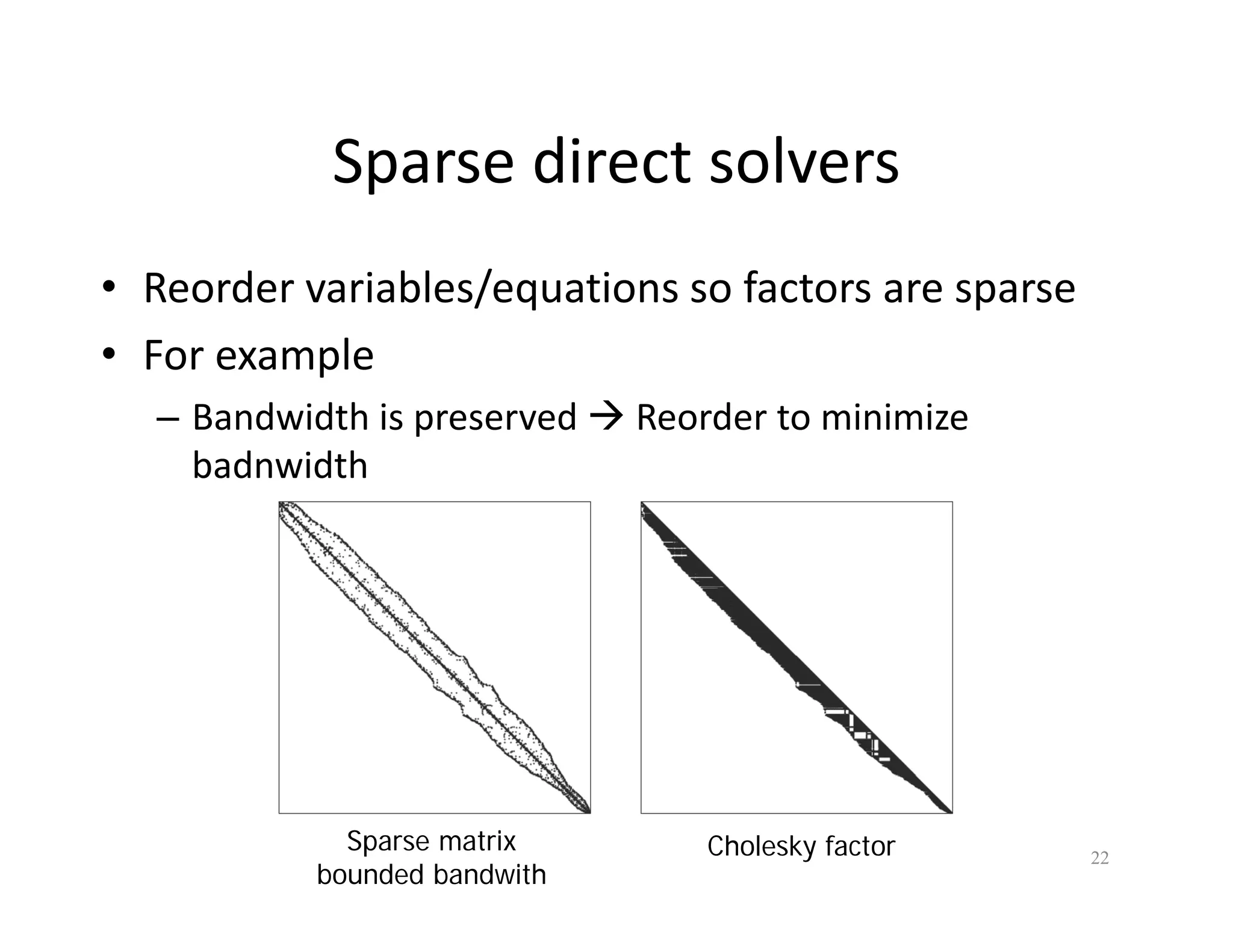 Sparse direct solvers
Sparse direct solvers
• Reorder variables/equations so factors are sparse
Reorder variables/equations so factors are sparse
• For example
Bandwidth is preserved Æ Reorder to minimize
– Bandwidth is preserved Æ Reorder to minimize
badnwidth
22
Sparse matrix
bounded bandwith
Cholesky factor
 
