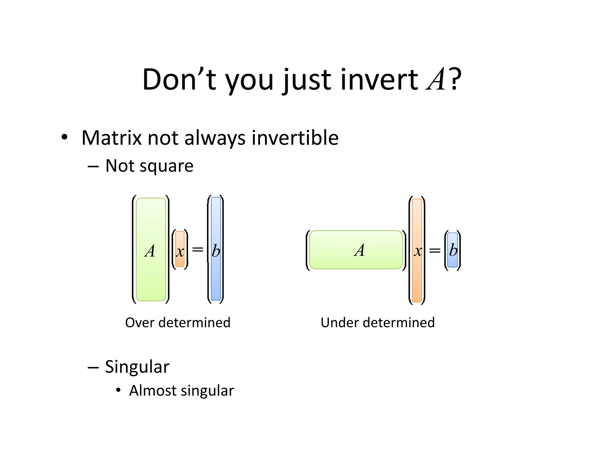 Don’t you just invert A?
• Matrix not always invertible
Don t you just invert A?
at ot a ays e t b e
– Not square
A x b A x b
Over determined Under determined
– Singular
Over determined Under determined
• Almost singular
 