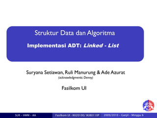 Struktur Data dan Algoritma
Suryana Setiawan, Ruli Manurung & Ade Azurat
(acknowledgments: Denny)‫‏‬
Fasilkom UI
SUR – HMM – AA Fasilkom UI - IKI20100/ IKI80110P 2009/2010 – Ganjil – Minggu 6
Implementasi ADT: Linked - List
 