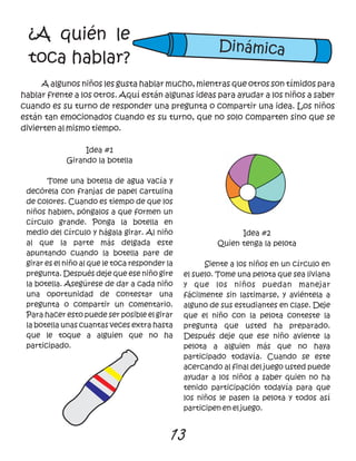 13
Dinámica
¿A quién le
toca hablar?
A algunos niños les gusta hablar mucho, mientras que otros son tímidos para
hablar frente a los otros. Aquí están algunas ideas para ayudar a los niños a saber
cuando es su turno de responder una pregunta o compartir una idea. Los niños
están tan emocionados cuando es su turno, que no solo comparten sino que se
divierten al mismo tiempo.
Idea #2
Quien tenga la pelota
Siente a los niños en un círculo en
el suelo. Tome una pelota que sea liviana
y que los niños puedan manejar
fácilmente sin lastimarse, y aviéntela a
alguno de sus estudiantes en clase. Deje
que el niño con la pelota conteste la
pregunta que usted ha preparado.
Después deje que ese niño aviente la
pelota a alguien más que no haya
participado todavía. Cuando se este
acercando al final del juego usted puede
ayudar a los niños a saber quien no ha
tenido participación todavía para que
los niños le pasen la pelota y todos así
participen en el juego.
Idea #1
Girando la botella
Tome una botella de agua vacía y
decórela con franjas de papel cartulina
de colores. Cuando es tiempo de que los
niños hablen, póngalos a que formen un
círculo grande. Ponga la botella en
medio del círculo y hágala girar. Al niño
al que la parte más delgada este
apuntando cuando la botella pare de
girar es el niño al que le toca responder la
pregunta. Después deje que ese niño gire
la botella. Asegúrese de dar a cada niño
una oportunidad de contestar una
pregunta o compartir un comentario.
Para hacer esto puede ser posible el girar
la botella unas cuantas veces extra hasta
que le toque a alguien que no ha
participado.
 