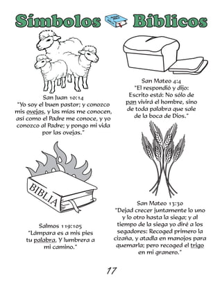 San Juan 10:14
“Yo soy el buen pastor; y conozco
mis ovejas, y las mías me conocen,
así como el Padre me conoce, y yo
conozco al Padre; y pongo mi vida
por las ovejas.”
San Mateo 4:4
“El respondió y dijo:
Escrito está: No sólo de
pan vivirá el hombre, sino
de toda palabra que sale
de la boca de Dios.”
17
Salmos 119:105
“Lámpara es a mis pies
tu palabra, Y lumbrera a
mi camino.”
BIBLIA San Mateo 13:30
“Dejad crecer juntamente lo uno
y lo otro hasta la siega; y al
tiempo de la siega yo diré a los
segadores: Recoged primero la
cizaña, y atadla en manojos para
quemarla; pero recoged el trigo
en mi granero.”
Símbolos BíblicosSímbolos
Bíblicos
BIBLIA
 