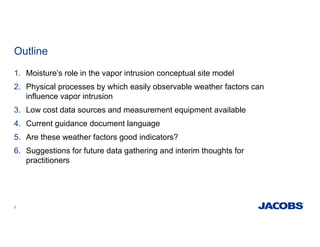 Outline
1. Moisture’s role in the vapor intrusion conceptual site model
2. Physical processes by which easily observable weather factors can
influence vapor intrusion
3. Low cost data sources and measurement equipment available
4. Current guidance document language
5. Are these weather factors good indicators?
6. Suggestions for future data gathering and interim thoughts for
practitioners
2
 