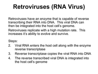 Retroviruses (RNA Virus) Steps: Viral RNA enters the host cell along with the enzyme reverse transcriptase Reverse transcriptase copies the viral RNA into DNA The reverse transcribed viral DNA is integrated into the host cell’s genome Retroviruses have an enzyme that is capable of reverse transcribing their RNA into DNA.  This viral DNA can then be integrated into the host cell’s genome. Retroviruses replicate with a high mutation rate.  This increases it’s ability to evolve and survive. 