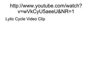 http://www.youtube.com/watch?v=wVkCyU5aeeU&NR=1 Lytic Cycle Video Clip 