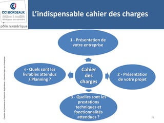 ChambredeCommerceetd’industriedeBordeaux–DirectionAppuiauxEntreprises
L’indispensable cahier des charges
Cahier
des
charges
1 - Présentation de
votre entreprise
2 - Présentation
de votre projet
3 - Quelles sont les
prestations
techniques et
fonctionnalités
attendues ?
4 - Quels sont les
livrables attendus
/ Planning ?
26
 