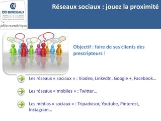 Réseaux sociaux : jouez la proximité
Objectif : faire de ses clients des
prescripteurs !
Les réseaux « mobiles » : Twitter…
Les réseaux « sociaux » : Viadeo, LinkedIn, Google +, Facebook…
Les médias « sociaux » : Tripadvisor, Youtube, Pinterest,
Instagram…
 
