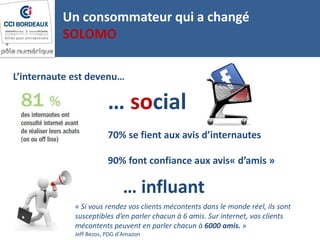 Un consommateur qui a changé
SOLOMO
L’internaute est devenu…
… social
70% se fient aux avis d’internautes
90% font confiance aux avis« d’amis »
… influant
« Si vous rendez vos clients mécontents dans le monde réel, ils sont
susceptibles d’en parler chacun à 6 amis. Sur internet, vos clients
mécontents peuvent en parler chacun à 6000 amis. »
Jeff Bezos, PDG d'Amazon
 