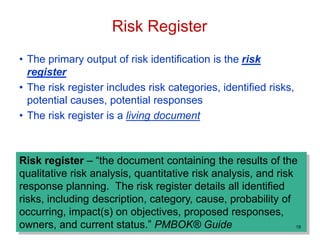 • The primary output of risk identification is the risk
register
• The risk register includes risk categories, identified risks,
potential causes, potential responses
• The risk register is a living document
Risk register – “the document containing the results of the
qualitative risk analysis, quantitative risk analysis, and risk
response planning. The risk register details all identified
risks, including description, category, cause, probability of
occurring, impact(s) on objectives, proposed responses,
owners, and current status.” PMBOK® Guide
Risk Register
19
 