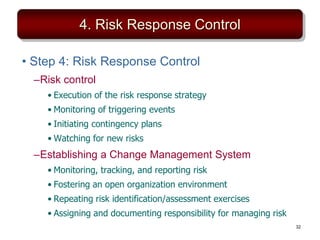 4. Risk Response Control
• Step 4: Risk Response Control
–Risk control
• Execution of the risk response strategy
• Monitoring of triggering events
• Initiating contingency plans
• Watching for new risks
–Establishing a Change Management System
• Monitoring, tracking, and reporting risk
• Fostering an open organization environment
• Repeating risk identification/assessment exercises
• Assigning and documenting responsibility for managing risk
32
 