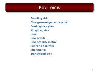 Key Terms
Avoiding risk
Change management system
Contingency plan
Mitigating risk
Risk
Risk profile
Risk severity matrix
Scenario analysis
Sharing risk
Transferring risk
37
 