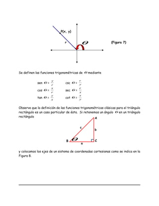 Se definen las funciones trigonométricas de θ mediante
sen θ =
r
y
csc θ = y
r
cos θ =
r
x
sec θ =
x
r
tan θ =
x
y
cot θ = y
x
Observe que la definición de las funciones trigonométricas clásicas para el triángulo
rectángulo es un caso particular de ésta. Si retenemos un ángulo θ en un triángulo
rectángulo
y colocamos los ejes de un sistema de coordenadas cartesianas como se indica en la
Figura 8.
(Figura 7)
P(x, y)
r θ
A
B C
a
b
c
θ
 