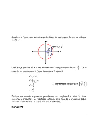 Complete la figura como se indica con las líneas de puntos para formar un triángulo
equilátero.
Como el eje positivo de x es una mediatriz del triángulo equilátero, y =
2
1
. De la
ecuación del círculo unitario (o por Teorema de Pitágoras).
2
3
4
3
1
2
1
1
2
2
2
22
=
=
=





+
=+
x
x
x
yx
∴ coordenadas de P(30°) son 







2
1
,
2
3
Explique que usando argumentos geométricos se completará la tabla 3. Para
contestar la pregunta 5, los resultados obtenidos en la tabla de la pregunta 3 deben
estar en forma decimal. Pida que trabajen la actividad.
RESPUESTAS
x
y
1
P(30°) (x, y)
30°
30°
1
 