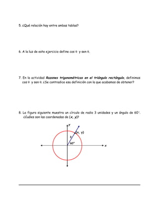 5. ¿Qué relación hay entre ambas tablas?
6. A la luz de este ejercicio define cos θ y sen θ.
7. En la actividad Razones trigonométricas en el triángulo rectángulo, definimos
cos θ y sen θ. ¿Se contradice esa definición con la que acabamos de obtener?
8. La figura siguiente muestra un círculo de radio 3 unidades y un ángulo de 60°.
¿Cuáles son las coordenadas de (x, y)?
y
(x, y)
x
60°
3
 