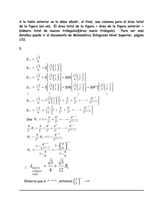 A la tabla anterior se le debe añadir, al final, una columna para el área total
de la figura (en un). El área total de la figura = área de la figura anterior +
(número total de nuevos triángulos)(área nuevo triángulo). Para ver más
detalles puede ir al documento de Matemática Integrada Nivel Superior, página
172.
5.
S 1 =
4
3
S 2 =
4
3
+ 3














2
3
1
4
3
S 3 =
4
3
+ 3














2
3
1
4
3
+ 3(4)














2
2
3
1
4
3
S 4 =
4
3
+ 3














2
3
1
4
3
+ 3(4)














2
2
3
1
4
3
+ 3(4²)














2
3
3
1
4
3
   
S n =
4
3
+ 





++++





−
−
)2(2
2
4
2
2
2
3
4
3
4
3
4
1
3
1
4
3
3 n
n

S n =
4
3
+
12
3






++++ −
−
)2(2
2
4
2
2
3
4
3
4
3
4
1 n
n

Sea nB = )2(2
2
4
2
2
3
4
3
4
3
4
1 −
−
++++ n
n

)1(2
1
6
3
4
2
22
3
4
3
4
3
4
3
4
3
4
−
−
++++= n
n
nB 
)1(2
1
2
3
4
1
3
4
−
−
−=− n
n
nn BB
9
4
1
9
4
1
9
4
1
3
4
1
1
)1(2
1
−






−
=
−
−
=
−
−
−
n
n
n
nB
∴ n
etapa
cualquier
entotal BA
12
3
4
3
+=
Observe que si ∞→n , entonces 0
9
4
1
→





−n
 