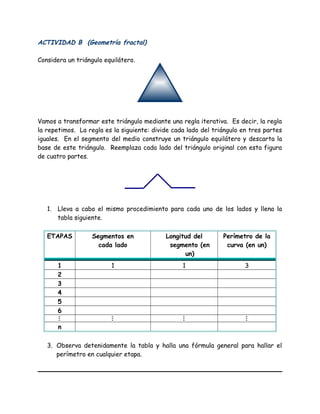 ACTIVIDAD B (Geometría fractal)
Considera un triángulo equilátero.
Vamos a transformar este triángulo mediante una regla iterativa. Es decir, la regla
la repetimos. La regla es la siguiente: divide cada lado del triángulo en tres partes
iguales. En el segmento del medio construye un triángulo equilátero y descarta la
base de este triángulo. Reemplaza cada lado del triángulo original con esta figura
de cuatro partes.
1. Lleva a cabo el mismo procedimiento para cada uno de los lados y llena la
tabla siguiente.
ETAPAS Segmentos en
cada lado
Longitud del
segmento (en
un)
Perímetro de la
curva (en un)
1 1 1 3
2
3
4
5
6
   
n
3. Observa detenidamente la tabla y halla una fórmula general para hallar el
perímetro en cualquier etapa.
 