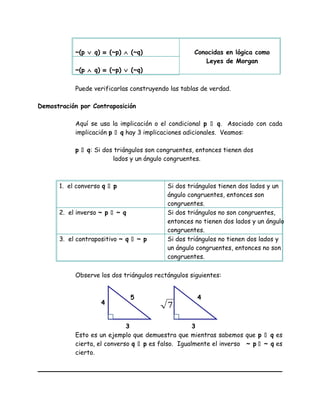 ~(p ∨ q) ≡ (~p) ∧ (~q) Conocidas en lógica como
Leyes de Morgan
~(p ∧ q) ≡ (~p) ∨ (~q)
Puede verificarlas construyendo las tablas de verdad.
Demostración por Contraposición
Aquí se usa la implicación o el condicional p  q. Asociado con cada
implicación p  q hay 3 implicaciones adicionales. Veamos:
p  q: Si dos triángulos son congruentes, entonces tienen dos
lados y un ángulo congruentes.
1. el converso q  p Si dos triángulos tienen dos lados y un
ángulo congruentes, entonces son
congruentes.
2. el inverso ~ p  ~ q Si dos triángulos no son congruentes,
entonces no tienen dos lados y un ángulo
congruentes.
3. el contrapositivo ~ q  ~ p Si dos triángulos no tienen dos lados y
un ángulo congruentes, entonces no son
congruentes.
Observe los dos triángulos rectángulos siguientes:
Esto es un ejemplo que demuestra que mientras sabemos que p  q es
cierta, el converso q  p es falso. Igualmente el inverso ~ p  ~ q es
cierto.
3
4
5 4
3
7
 