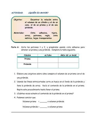 ACTIVIDAD ¿QUIÉN ES MAYOR?
Parte A: Corta los patrones 1 y 2, y prepáralos usando cinta adhesiva para
obtener un prisma y una pirámide. Completa la tabla siguiente.
FIGURA ALTURA ÁREA DE LA BASE
Prisma
Pirámide
1. Elabora una conjetura sobre cómo compara el volumen de un prisma con el de
una pirámide.
2. Usando las líneas entrecortadas corta un hueco en el fondo de la pirámide y
llena la pirámide de arroz. Vacía el contenido de la pirámide en el prisma.
Repite este procedimiento hasta llenar el prisma.
3. ¿Cuántas veces echaste el contenido de la pirámide en el prisma?
4. Podemos concluir que:
Volumen prisma = ______ x volumen pirámide
Volumen pirámide = ______ x volumen prisma
Objetivo: Encontrar la relación entre
el volumen de un cilindro y el de un
cono, el de un prisma y el de una
pirámide.
Materiales: Cinta adhesiva, tijera,
arroz, patrones, regla, cinta
métrica, hojas transparentes
Objetivo: Encontrar la relación entre
el volumen de un cilindro y el de un
cono, el de un prisma y el de una
pirámide.
Materiales: Cinta adhesiva, tijera,
arroz, patrones, regla, cinta
métrica, hojas transparentes
 